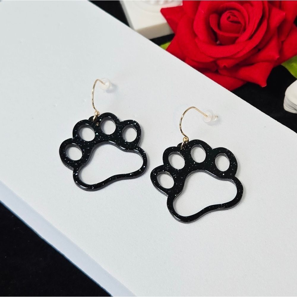 Black Glitter Paw Print Dangle Earrings Animal Lover Mascot Game Day Jewelry